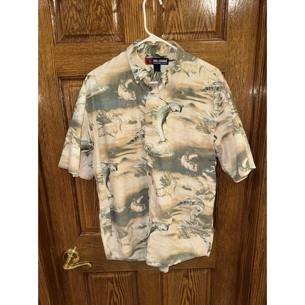 Reel Legends Fishing Tarpon Musky Print SS Cotton Button Down Shirt Size Large